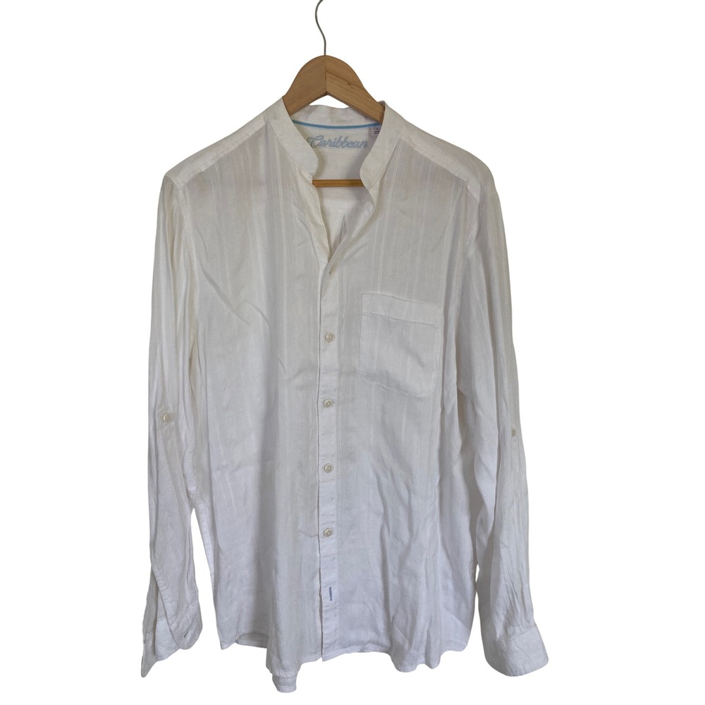 Caribbean Mens White Linen Blend Mandarin Collar Dobby Stripe Roll Tab Shirt L